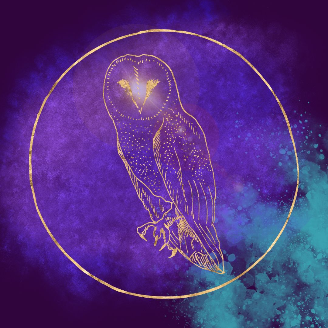 Purple background with golden owl and illuminated third eye.
